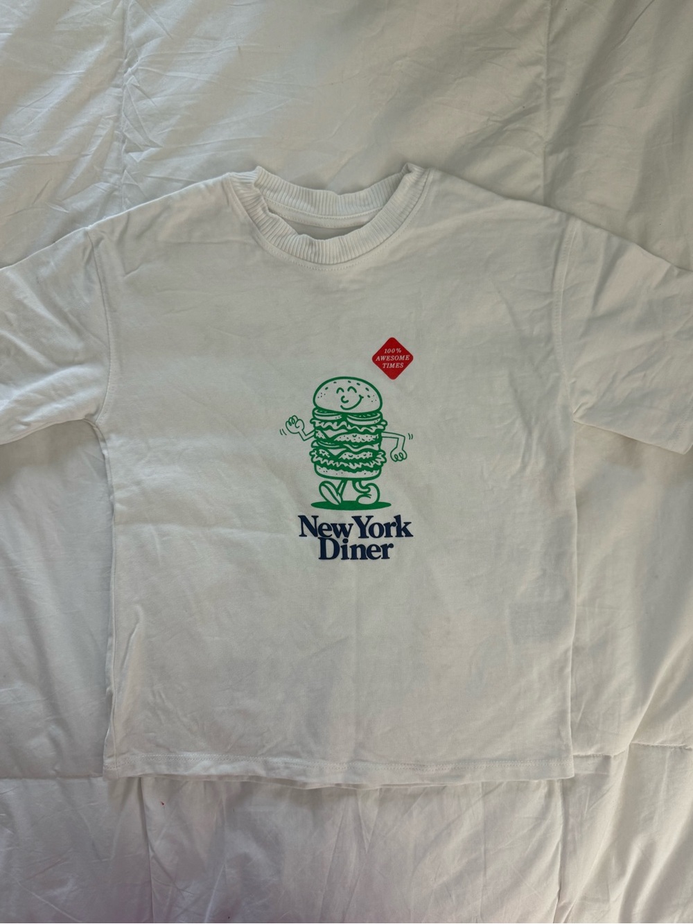 H&M White Tee with Green Burger Graphic and Navy Logo
